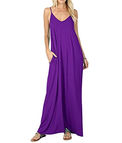 shownicer Damen Sommer V-Ausschnitt Kleid Ärmellos Lang Kleid Spaghettiträger Strandkleider Boho Maxikleid Sommerkleid Lockeres Freizeitkleider mit Taschen Violett M von shownicer