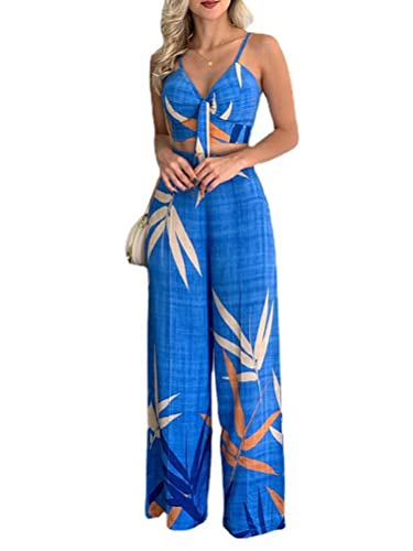 shownicer Damen Sommer Zweiteiler Outfits Ärmellose V-Ausschnitt Crop Top + Wide Leg Hose Freizeitanzug Hosenanzug Streetwear 2 Teiler Anzug Strand Urlaub Lässig A Blau M von shownicer