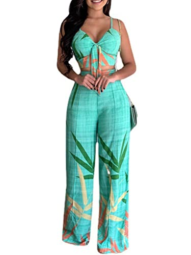 shownicer Damen Sommer Zweiteiler Outfits Ärmellose V-Ausschnitt Crop Top + Wide Leg Hose Freizeitanzug Hosenanzug Streetwear 2 Teiler Anzug Strand Urlaub Lässig A Grün L von shownicer