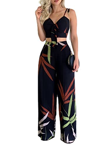 shownicer Damen Sommer Zweiteiler Outfits Ärmellose V-Ausschnitt Crop Top + Wide Leg Hose Freizeitanzug Hosenanzug Streetwear 2 Teiler Anzug Strand Urlaub Lässig A Schwarz M von shownicer