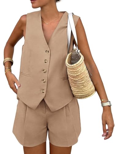 shownicer Damen Sommer Zweiteiler Outfits Elegant Einfarbig Shorts Und Ärmellose Weste Anzugshorts Set Casual Chic Anzug Outfit Sets Streetwear A Khaki S von shownicer