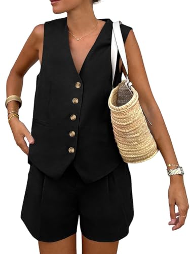 shownicer Damen Sommer Zweiteiler Outfits Elegant Einfarbig Shorts Und Ärmellose Weste Anzugshorts Set Casual Chic Anzug Outfit Sets Streetwear A Schwarz L von shownicer