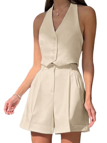 shownicer Damen Sommer Zweiteiler Outfits Elegant Einfarbig Shorts Und Ärmellose Weste Anzugshorts Set Casual Chic Anzug Outfit Sets Streetwear C Khaki M von shownicer