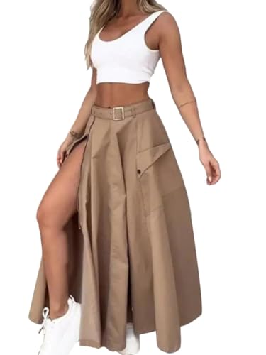 shownicer Damen Sommer Zweiteiliges Outfits Elegant Hohe Taille Midirock mit Schlitz Und Crop Top Set Einfarbiges Röcke Anzug Streetwear Freizeitanzug A Braun XXL von shownicer
