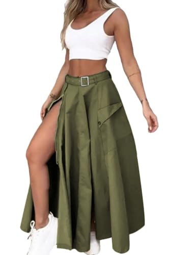 shownicer Damen Sommer Zweiteiliges Outfits Elegant Hohe Taille Midirock mit Schlitz Und Crop Top Set Einfarbiges Röcke Anzug Streetwear Freizeitanzug A Grün M von shownicer