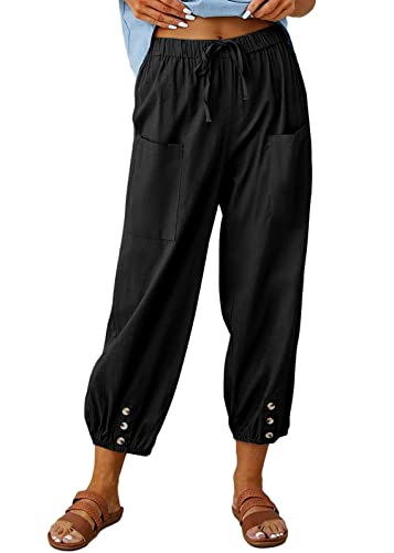 shownicer Damen Sommerhose Leinenhose 7/8 Freizeithose Stoffhose Capris Hose Lässig Hose High Waist Yogahose Elastische Taille Leinen Hosen Mit Taschen A Schwarz XXL von shownicer