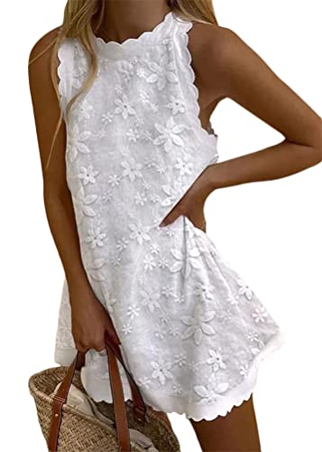 shownicer Damen Sommerkleid Ärmellos Rundhals Floral Spitze Retro Sommer Strandkleid Mini Kleider Boho Lose Elegant Casual A-Linie Kleid Freizeitkleider A Weiß XL von shownicer