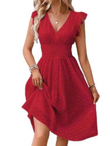 shownicer Damen Sommerkleid Ärmellos V-Ausschnitt Rüschenkleid Spitze A Linie Mini Kurz Sommer Tunika Kleider Strandkleid Freizeitkleider A Rot M von shownicer