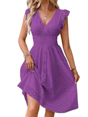 shownicer Damen Sommerkleid Ärmellos V-Ausschnitt Rüschenkleid Spitze A Linie Mini Kurz Sommer Tunika Kleider Strandkleid Freizeitkleider A Violett XS von shownicer