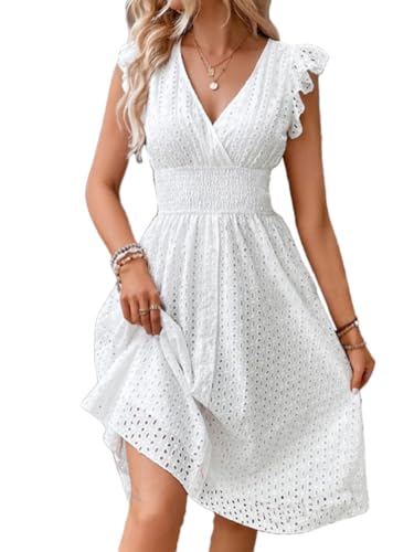 shownicer Damen Sommerkleid Ärmellos V-Ausschnitt Rüschenkleid Spitze A Linie Mini Kurz Sommer Tunika Kleider Strandkleid Freizeitkleider A Weiß M von shownicer