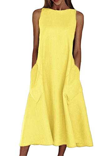 shownicer Damen Sommerkleid Casual Ärmelloses Boho Lang Kleider mit Taschen Einfarbig Rundhals Freizeitkleid Strandkleider Lose Lockeres Knielang Kleid Gelb 3XL von shownicer