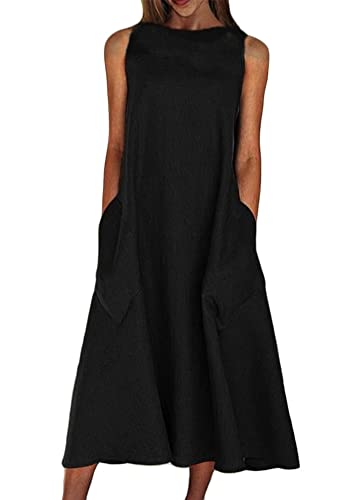 shownicer Damen Sommerkleid Casual Ärmelloses Boho Lang Kleider mit Taschen Einfarbig Rundhals Freizeitkleid Strandkleider Lose Lockeres Knielang Kleid Schwarz 3XL von shownicer