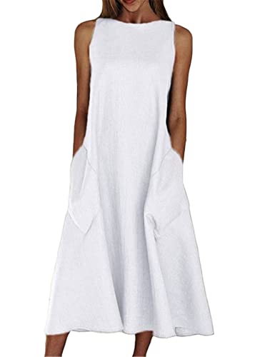 shownicer Damen Sommerkleid Casual Ärmelloses Boho Lang Kleider mit Taschen Einfarbig Rundhals Freizeitkleid Strandkleider Lose Lockeres Knielang Kleid Weiß M von shownicer