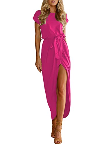 shownicer Damen Sommerkleid Hohe Taille Tunika Kleid Casual Kurzarm Rundhals Maxikleider Minikleid Elegant T-Shirt Kleider mit Schlitz Einfarbig Freizeitkleid mit Gürtel Rosa M von shownicer