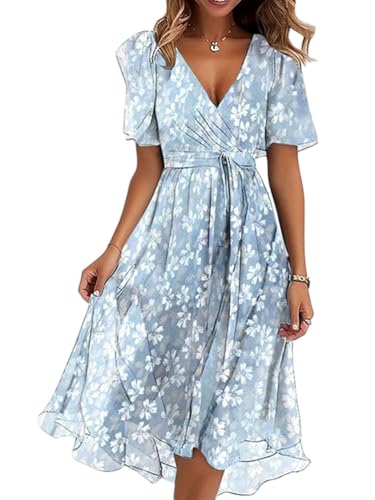 shownicer Damen Sommerkleid Kurzarm V-Ausschnitt Chiffon Knielang Kleid Einfarbig Elegant Boho Blumendruck Kleider A Linie Chiffonkleid A Blau02 XXL von shownicer