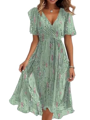 shownicer Damen Sommerkleid Kurzarm V-Ausschnitt Chiffon Knielang Kleid Einfarbig Elegant Boho Blumendruck Kleider A Linie Chiffonkleid A Hellgrün XXL von shownicer