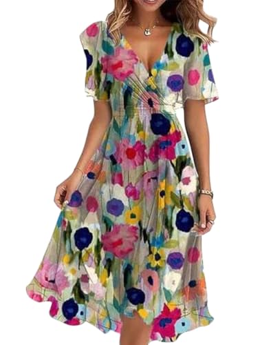 shownicer Damen Sommerkleid Kurzarm V-Ausschnitt Chiffon Knielang Kleid Einfarbig Elegant Boho Blumendruck Kleider A Linie Chiffonkleid A Rosa M von shownicer