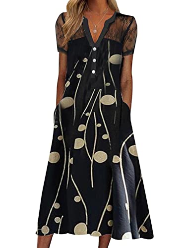 shownicer Damen Sommerkleid Kurzarm V-Ausschnitt Midi Kleid Casual Elegant Blumenmuster Lose Strandkleid A-Linie Spitzen Maxikleid Freizeitkleider mit Taschen Schwarz2 L von shownicer