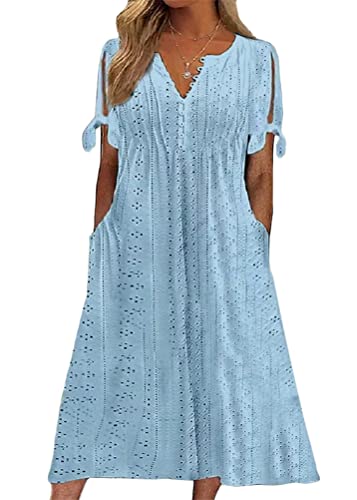 shownicer Damen Sommerkleid Kurzarm V Ausschnitt Retro Sommer Floral Spitzen Strandkleid Maxi Kleider Boho Lang Lose Elegant Casual A-Linie Kleid A Blau XXL von shownicer