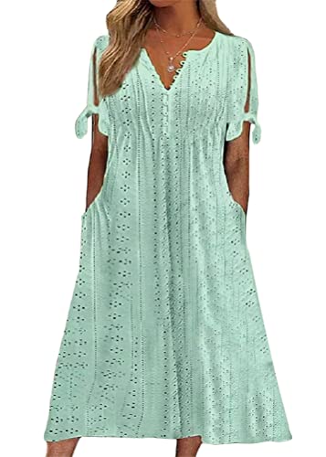 shownicer Damen Sommerkleid Kurzarm V Ausschnitt Retro Sommer Floral Spitzen Strandkleid Maxi Kleider Boho Lang Lose Elegant Casual A-Linie Kleid A Grün L von shownicer