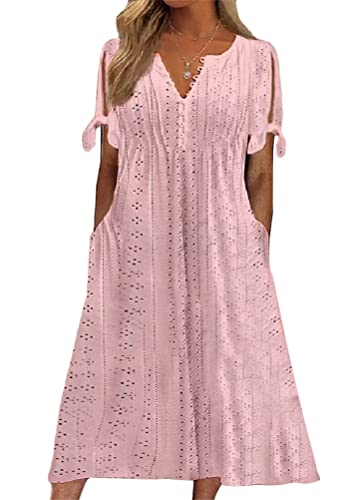 shownicer Damen Sommerkleid Kurzarm V Ausschnitt Retro Sommer Floral Spitzen Strandkleid Maxi Kleider Boho Lang Lose Elegant Casual A-Linie Kleid A Rosa L von shownicer