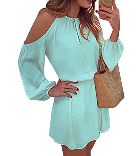 shownicer Damen Sommerkleid Schulterfrei Kleid Langarm Neckholder A Linie Strandmode Elegante Kleider Lose Casual Freizeit Kleid Chiffon Strandkleid MiniKleid Kurzer Hellblau L von shownicer