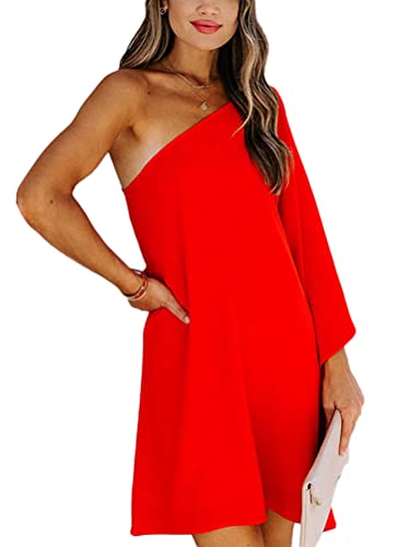 shownicer Damen Sommerkleid Sexy Knielang Kleid One Shoulder Schulterfrei Kleid Elegant Cocktailkleid Abendkleider Partykleid Einfarbig Freizeitkleid A Linie Midikleid Rot XXL von shownicer