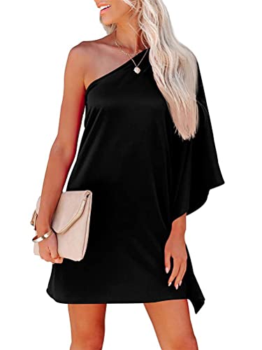 shownicer Damen Sommerkleid Sexy Knielang Kleid One Shoulder Schulterfrei Kleid Elegant Cocktailkleid Abendkleider Partykleid Einfarbig Freizeitkleid A Linie Midikleid Schwarz XXL von shownicer