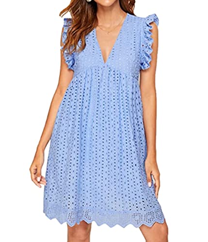 shownicer Damen Sommerkleid V-Ausschnitt California Stramplerkleid A-Linie Einfarbig Spitzenkleid Locker Luftig Kurz Kleider mit Hose Drunter und Taschen A Blau01 L von shownicer