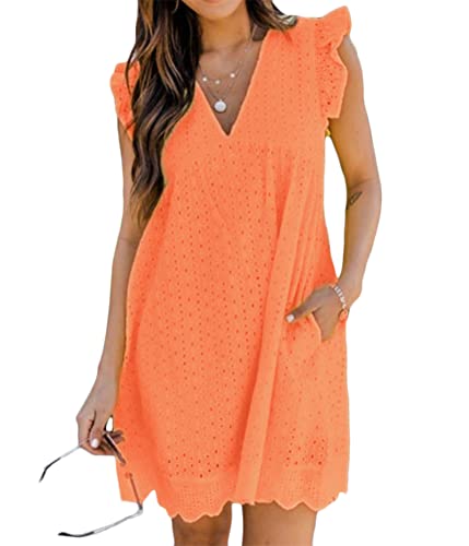 shownicer Damen Sommerkleid V-Ausschnitt California Stramplerkleid A-Linie Einfarbig Spitzenkleid Locker Luftig Kurz Kleider mit Hose Drunter und Taschen A Orange M von shownicer