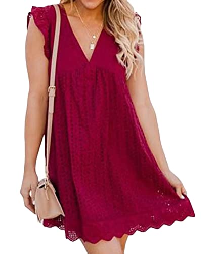 shownicer Damen Sommerkleid V-Ausschnitt California Stramplerkleid A-Linie Einfarbig Spitzenkleid Locker Luftig Kurz Kleider mit Hose Drunter und Taschen A Rot L von shownicer