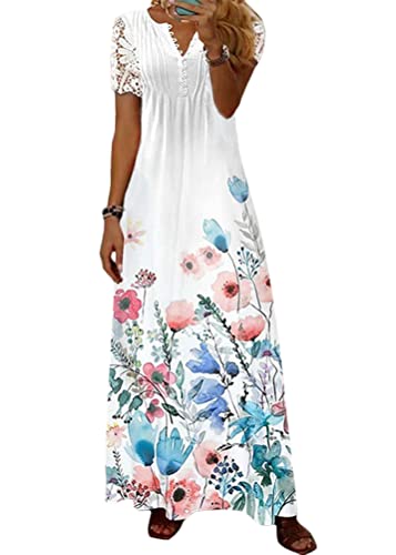 shownicer Damen Sommerkleid V Ausschnitt Floral Spitze Freizeitkleider Sommer Spitzen Strandkleid Maxi Kleider Boho Lang Lose Elegant Casual A-Linie Kleid Blumenkleid A Blau 3XL von shownicer