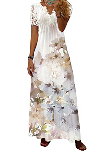 shownicer Damen Sommerkleid V Ausschnitt Floral Spitze Freizeitkleider Sommer Spitzen Strandkleid Maxi Kleider Boho Lang Lose Elegant Casual A-Linie Kleid Blumenkleid A Braun L von shownicer