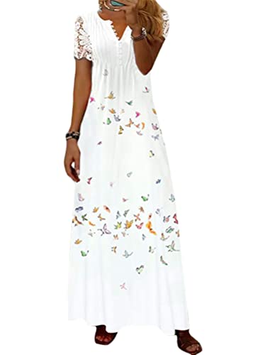 shownicer Damen Sommerkleid V Ausschnitt Floral Spitze Freizeitkleider Sommer Spitzen Strandkleid Maxi Kleider Boho Lang Lose Elegant Casual A-Linie Kleid Blumenkleid A Gelb 3XL von shownicer