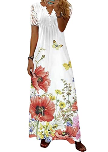 shownicer Damen Sommerkleid V Ausschnitt Floral Spitze Freizeitkleider Sommer Spitzen Strandkleid Maxi Kleider Boho Lang Lose Elegant Casual A-Linie Kleid Blumenkleid A Rot 3XL von shownicer