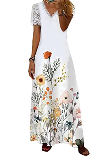 shownicer Damen Sommerkleid V Ausschnitt Floral Spitze Freizeitkleider Sommer Spitzen Strandkleid Maxi Kleider Boho Lang Lose Elegant Casual A-Linie Kleid Blumenkleid B Orange 3XL von shownicer