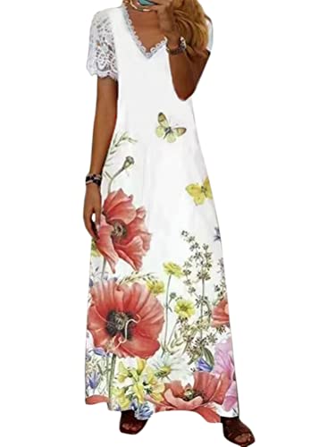 shownicer Damen Sommerkleid V Ausschnitt Floral Spitze Freizeitkleider Sommer Spitzen Strandkleid Maxi Kleider Boho Lang Lose Elegant Casual A-Linie Kleid Blumenkleid B Rot M von shownicer
