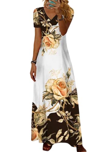 shownicer Damen Sommerkleid V Ausschnitt Floral Spitze Freizeitkleider Sommer Spitzen Strandkleid Maxi Kleider Boho Lang Lose Elegant Casual A-Linie Kleid Blumenkleid D Gelb L von shownicer