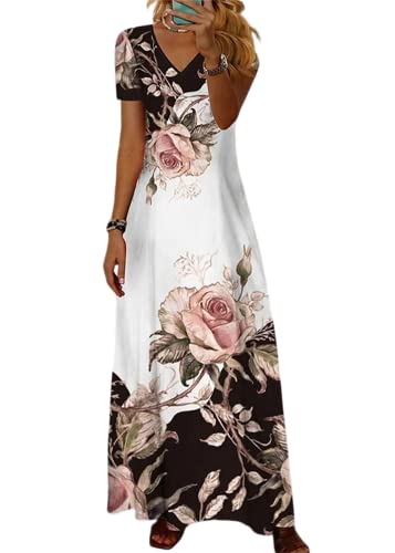 shownicer Damen Sommerkleid V Ausschnitt Floral Spitze Freizeitkleider Sommer Spitzen Strandkleid Maxi Kleider Boho Lang Lose Elegant Casual A-Linie Kleid Blumenkleid D Rosa 3XL von shownicer