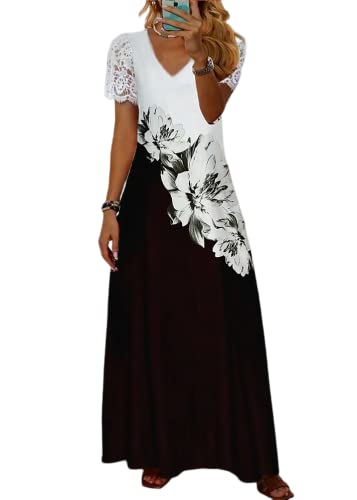 shownicer Damen Sommerkleid V Ausschnitt Floral Spitze Freizeitkleider Sommer Spitzen Strandkleid Maxi Kleider Boho Lang Lose Elegant Casual A-Linie Kleid Blumenkleid E Schwarz 3XL von shownicer