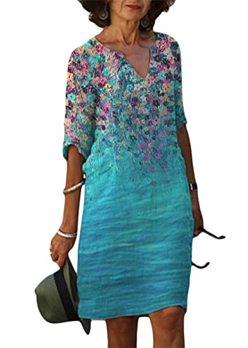 shownicer Damen Sommerkleid V-Ausschnitt Kurzarm Knielang Kleid Elegant Lose Blusenkleid Casual Boho Kleid A-Linie Kleid T-Shirt Kleid B Style07 XL von shownicer