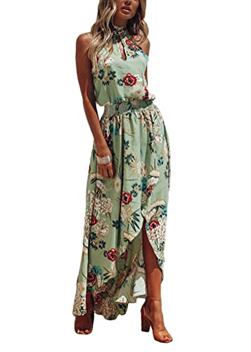 shownicer Damen Sommerkleider Sexy Ärmellos Lang Kleid Halfter Boho Blumenkleid Falten Neckholder Midikleid A Grün M von shownicer