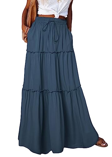 shownicer Damen Sommerrock Boho Flowy Maxi Langer Rock Elastische Taille Unifarben Strandrock Rüsche Long Skirt A Blau S von shownicer