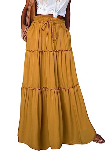 shownicer Damen Sommerrock Boho Flowy Maxi Langer Rock Elastische Taille Unifarben Strandrock Rüsche Long Skirt A Gelb XL von shownicer