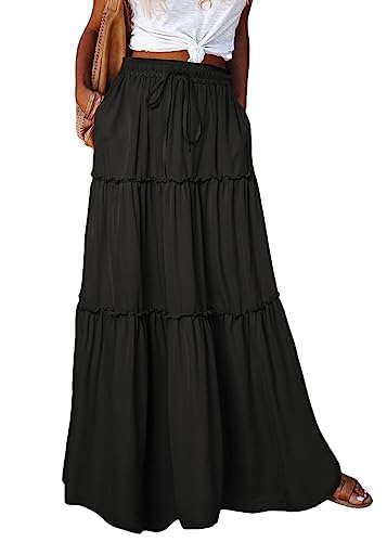 shownicer Damen Sommerrock Boho Flowy Maxi Langer Rock Elastische Taille Unifarben Strandrock Rüsche Long Skirt A Schwarz L von shownicer