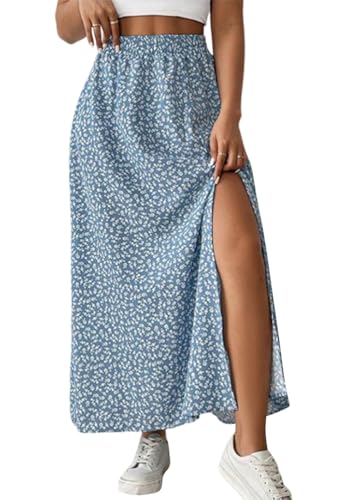 shownicer Damen Sommerrock Hoher Taille Elegant Elastischer A Linie Lang Rock Freizeitrock Midirock Blumenrock A Blau M von shownicer