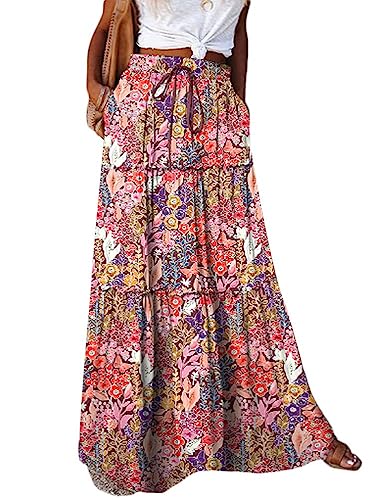 shownicer Damen Sommerrock Rock Hoher Taille Elegant Elastischer A Linie Lang Rock Freizeitrock Geteilte Midi-Wickelröcke Midirock Boho Blumenrock D Rosa S von shownicer