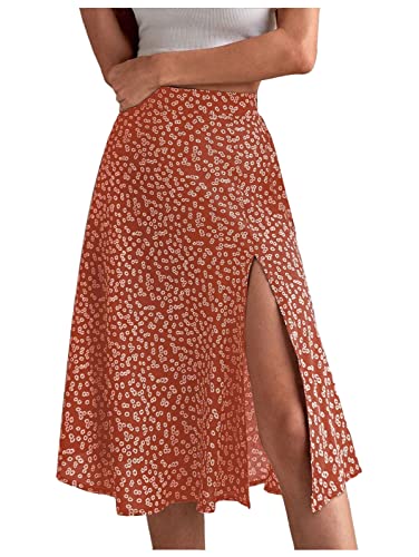 shownicer Damen Sommerrock Schlitzwickel Rock Hoher Taille Elegant Elastischer A Linie Lang Rock Freizeitrock Geteilte Midi-Wickelröcke Midirock Boho Blumenrock A Orange S von shownicer