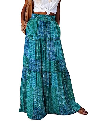shownicer Damen Sommerrock Schlitzwickel Rock Hoher Taille Elegant Elastischer A Linie Lang Rock Freizeitrock Geteilte Midi-Wickelröcke Midirock Boho Blumenrock D Grün XL von shownicer