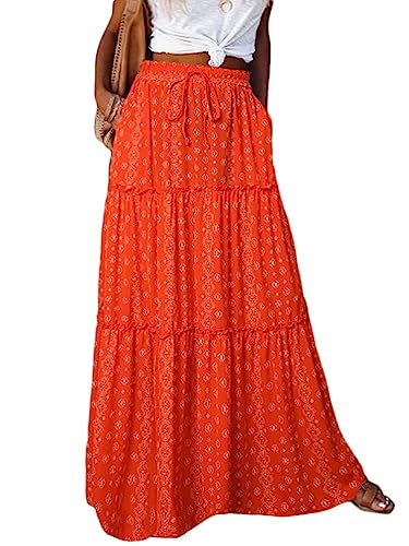 shownicer Damen Sommerrock Schlitzwickel Rock Hoher Taille Elegant Elastischer A Linie Lang Rock Freizeitrock Geteilte Midi-Wickelröcke Midirock Boho Blumenrock D Orange XL von shownicer